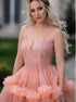 Ball Gown Spaghetti Straps Tulle Ruffles V Neck Prom Dresses with Sequins LBQ1823